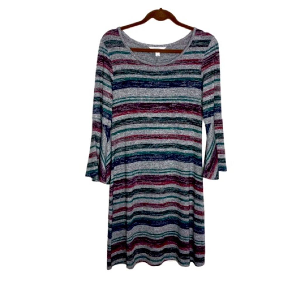 Market& Spruce Striped Dress M Green Blue Wine Grey Long Bell Sleeve Knee Length